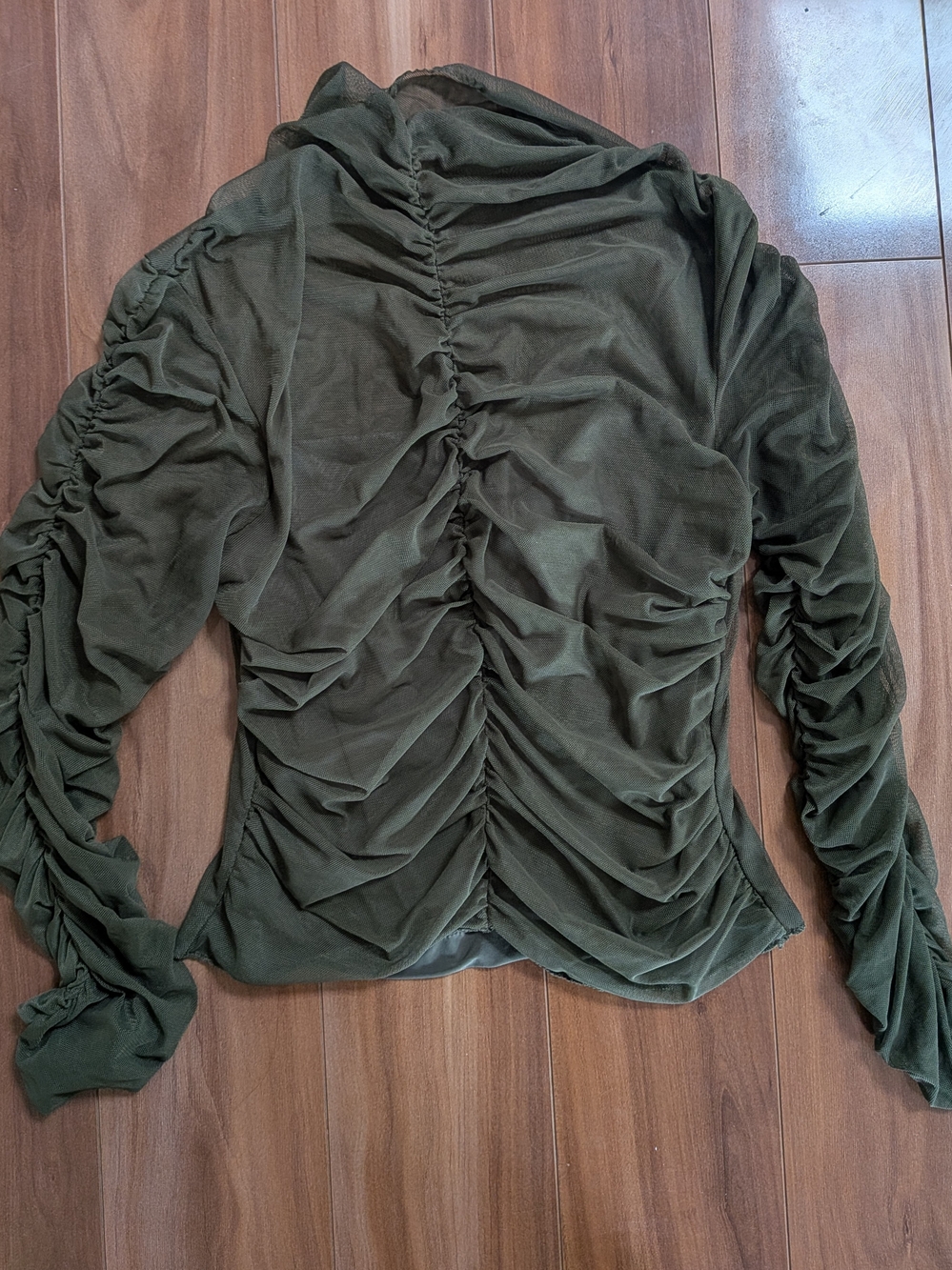 Olive Green Mesh Ruched Long Sleeve Top Mock Neck Partially Lined Size S